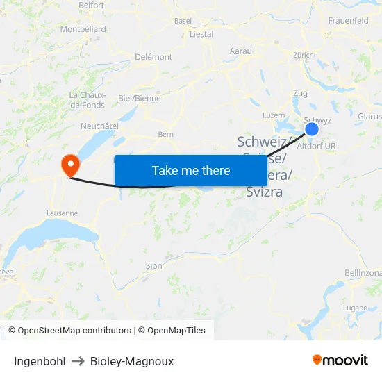 Ingenbohl to Bioley-Magnoux map