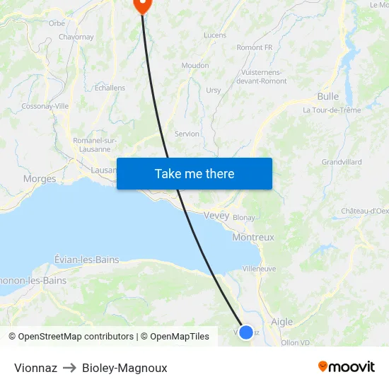 Vionnaz to Bioley-Magnoux map