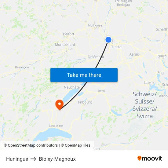 Huningue to Bioley-Magnoux map