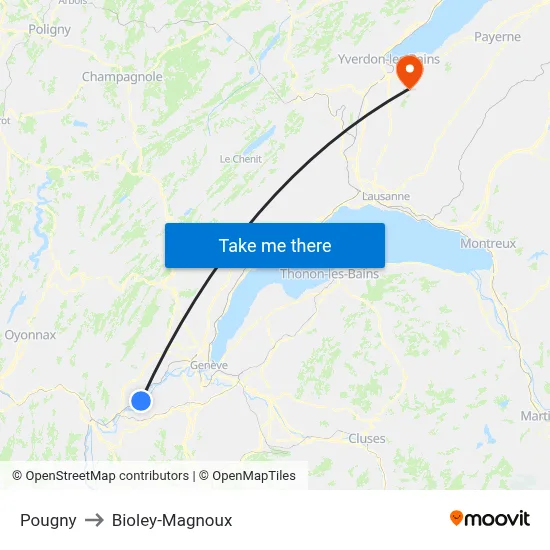 Pougny to Bioley-Magnoux map