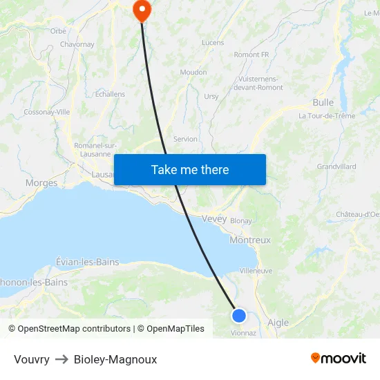 Vouvry to Bioley-Magnoux map