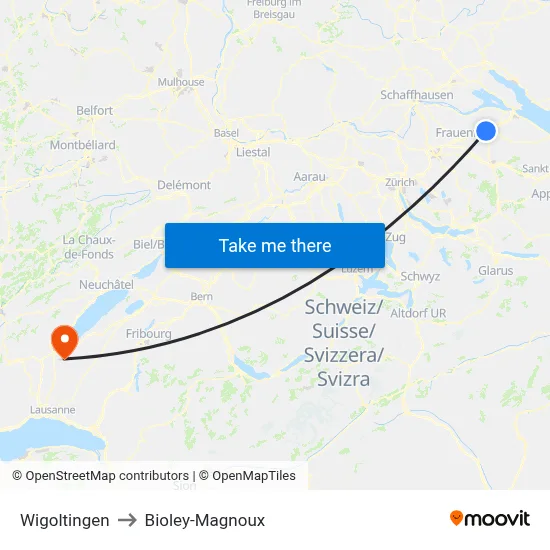 Wigoltingen to Bioley-Magnoux map