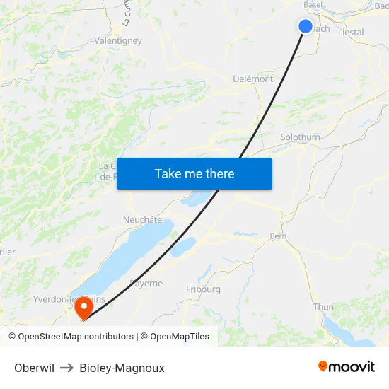 Oberwil to Bioley-Magnoux map