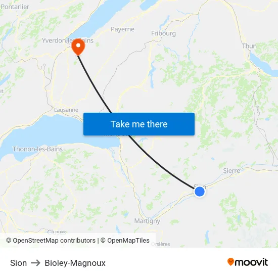 Sion to Bioley-Magnoux map