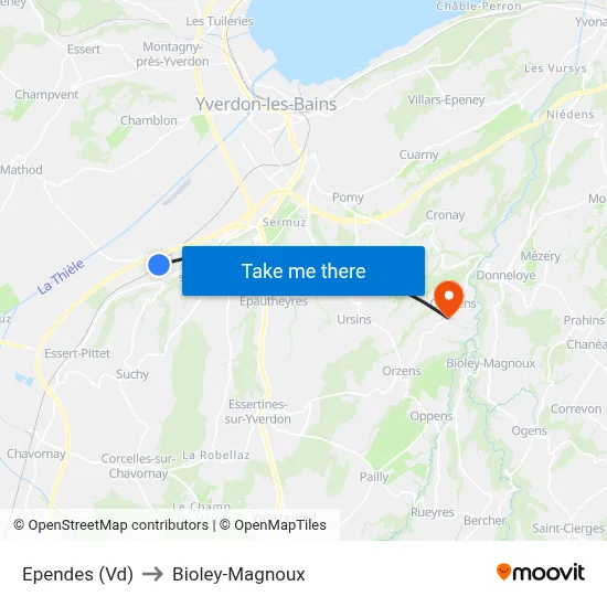 Ependes (Vd) to Bioley-Magnoux map