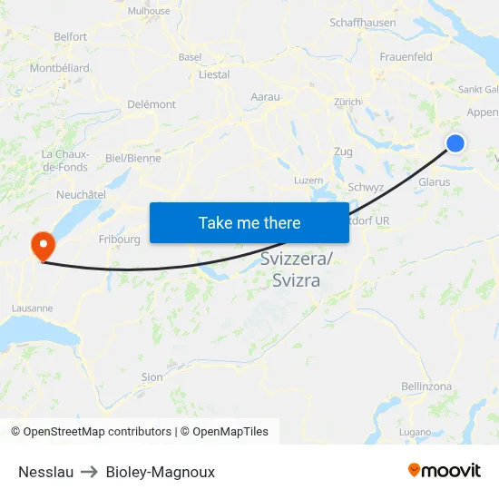 Nesslau to Bioley-Magnoux map