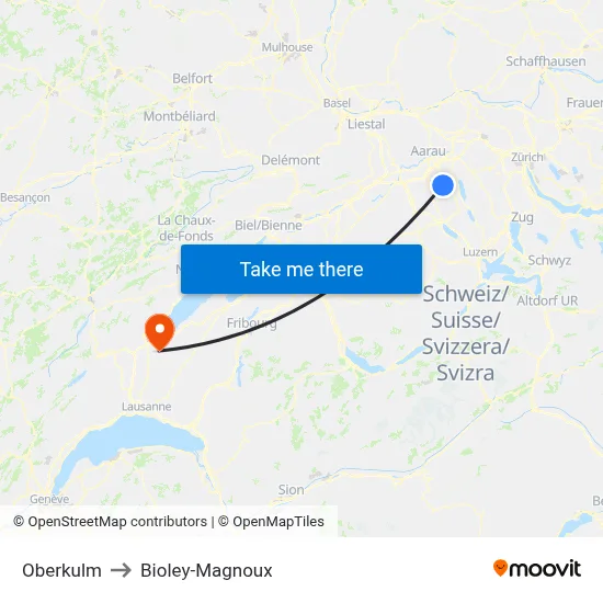 Oberkulm to Bioley-Magnoux map