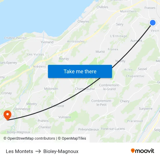 Les Montets to Bioley-Magnoux map