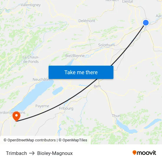 Trimbach to Bioley-Magnoux map