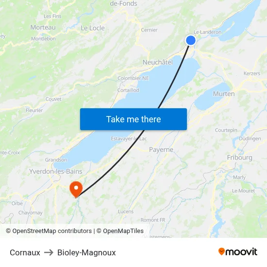Cornaux to Bioley-Magnoux map