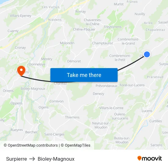 Surpierre to Bioley-Magnoux map