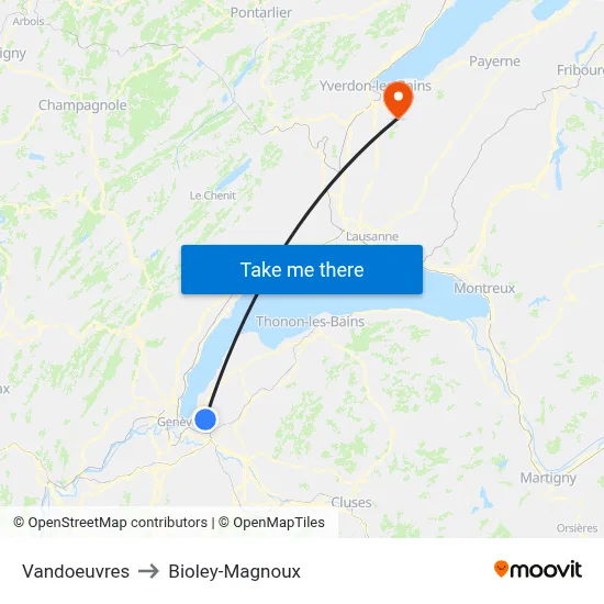 Vandoeuvres to Bioley-Magnoux map