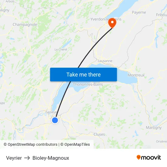 Veyrier to Bioley-Magnoux map