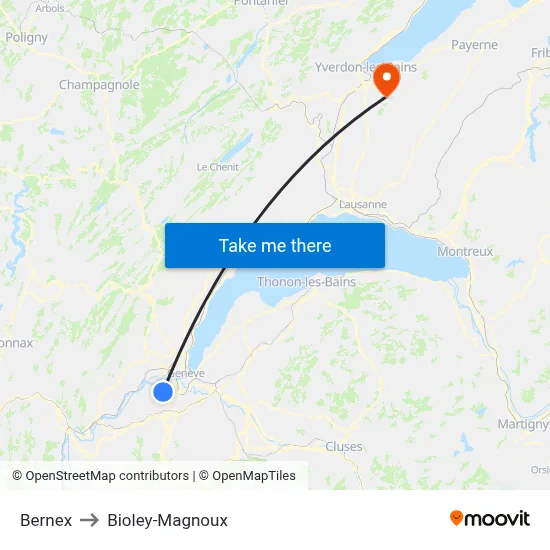 Bernex to Bioley-Magnoux map