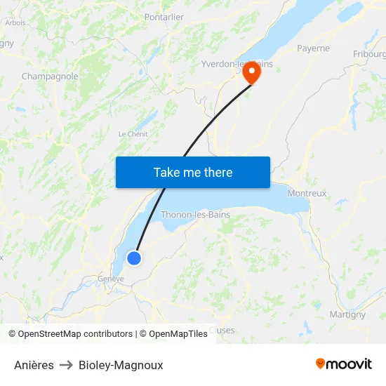 Anières to Bioley-Magnoux map