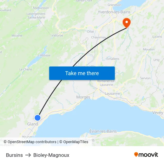 Bursins to Bioley-Magnoux map