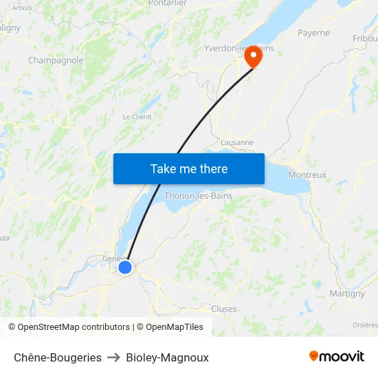 Chêne-Bougeries to Bioley-Magnoux map