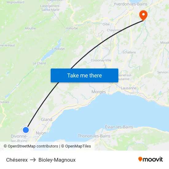 Chéserex to Bioley-Magnoux map