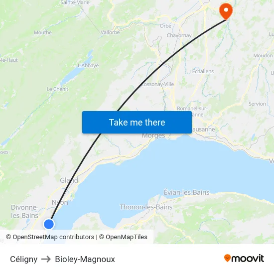 Céligny to Bioley-Magnoux map
