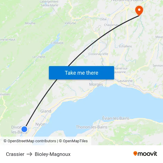 Crassier to Bioley-Magnoux map