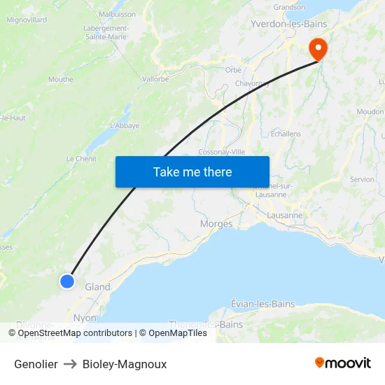 Genolier to Bioley-Magnoux map