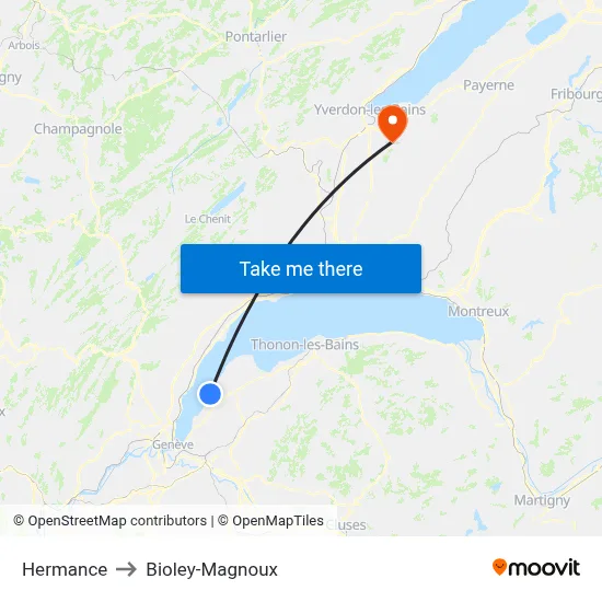 Hermance to Bioley-Magnoux map