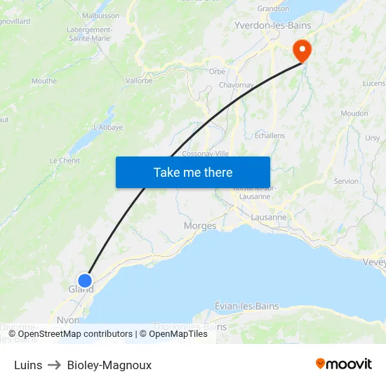 Luins to Bioley-Magnoux map