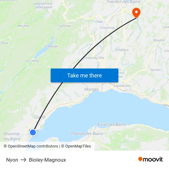 Nyon to Bioley-Magnoux map