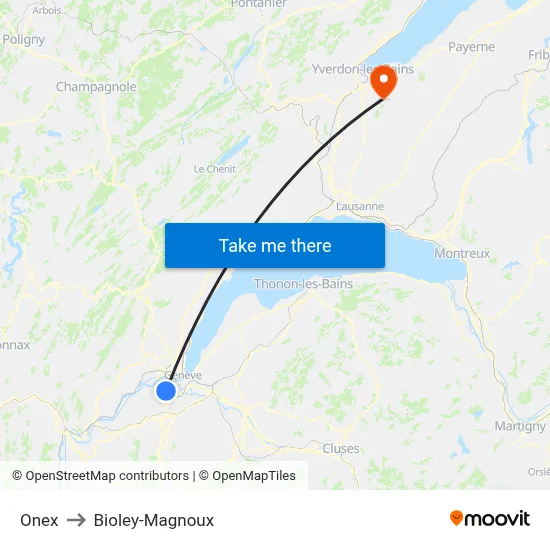 Onex to Bioley-Magnoux map
