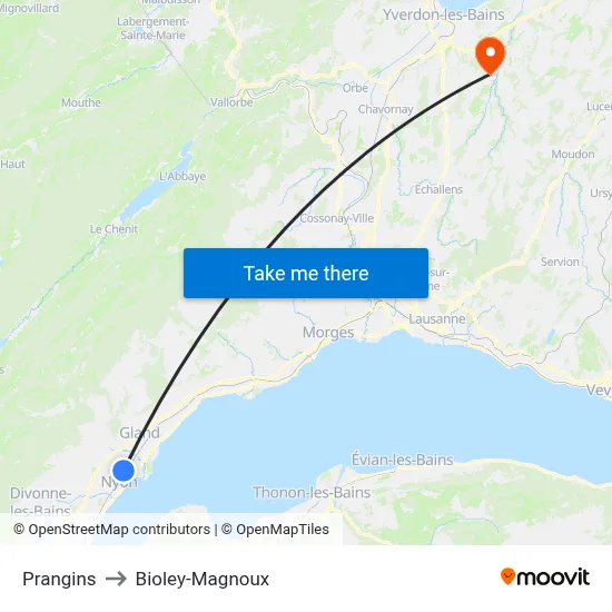 Prangins to Bioley-Magnoux map