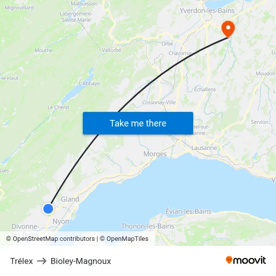 Trélex to Bioley-Magnoux map