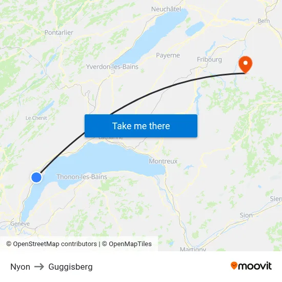 Nyon to Guggisberg map