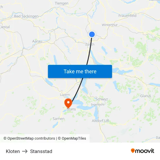 Kloten to Stansstad map