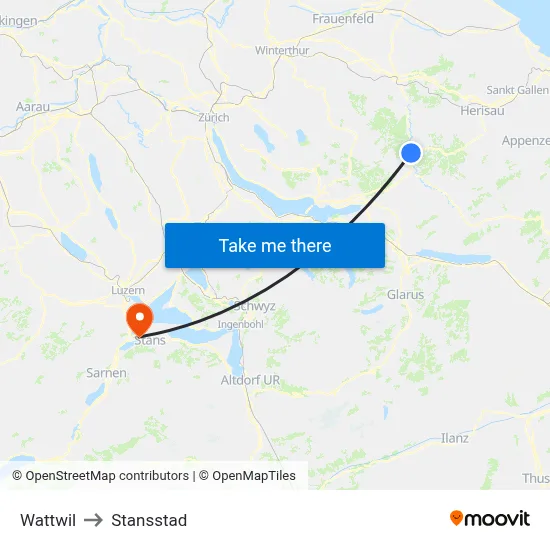 Wattwil to Stansstad map