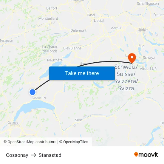 Cossonay to Stansstad map