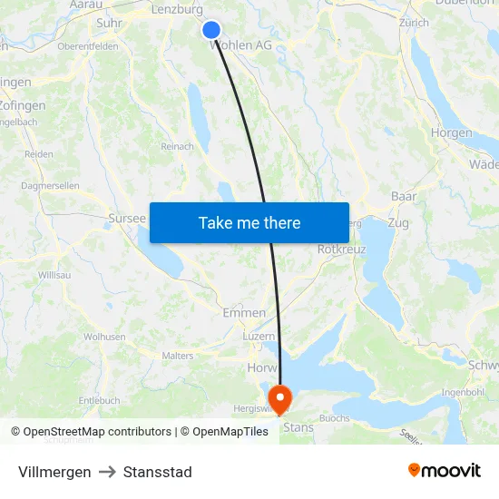 Villmergen to Stansstad map