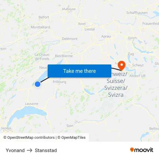 Yvonand to Stansstad map