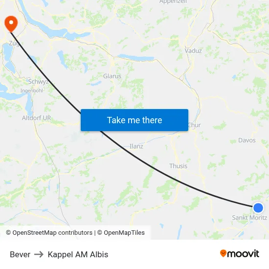 Bever to Kappel AM Albis map
