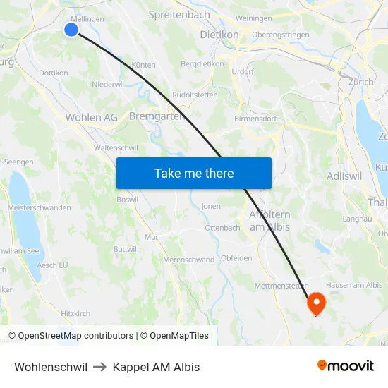Wohlenschwil to Kappel AM Albis map