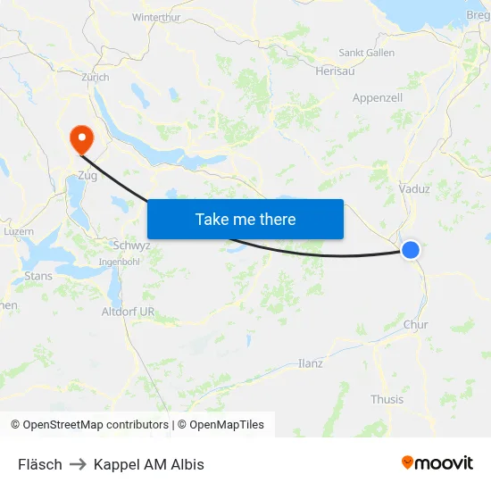 Fläsch to Kappel AM Albis map