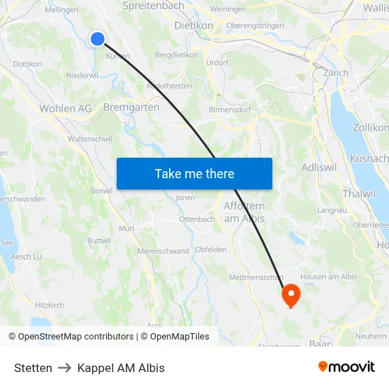 Stetten to Kappel AM Albis map