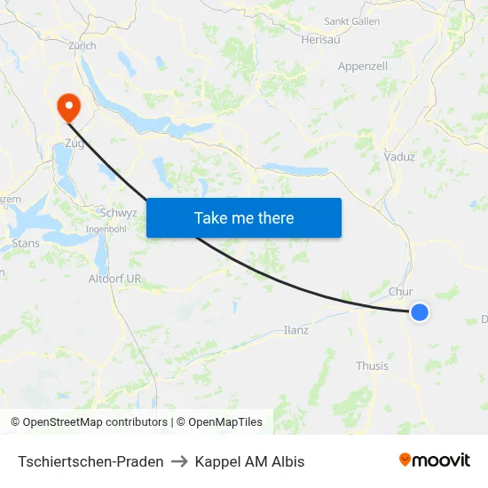 Tschiertschen-Praden to Kappel AM Albis map