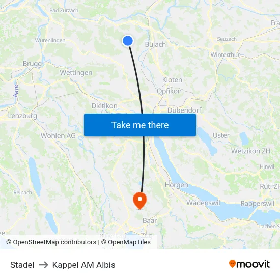 Stadel to Kappel AM Albis map