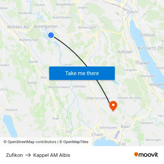 Zufikon to Kappel AM Albis map