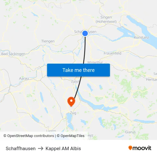 Schaffhausen to Kappel AM Albis map