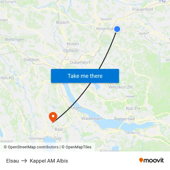 Elsau to Kappel AM Albis map