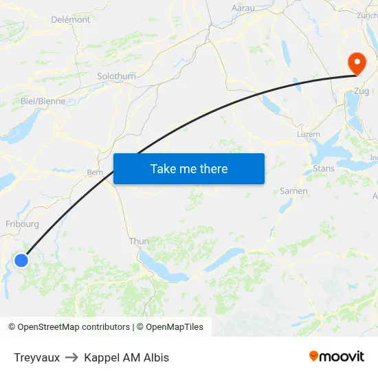Treyvaux to Kappel AM Albis map