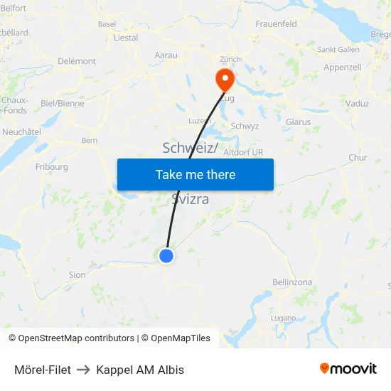 Mörel-Filet to Kappel AM Albis map