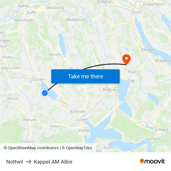 Nottwil to Kappel AM Albis map