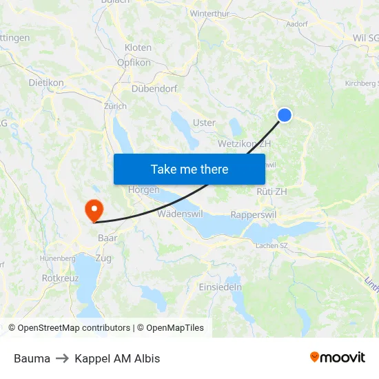 Bauma to Kappel AM Albis map